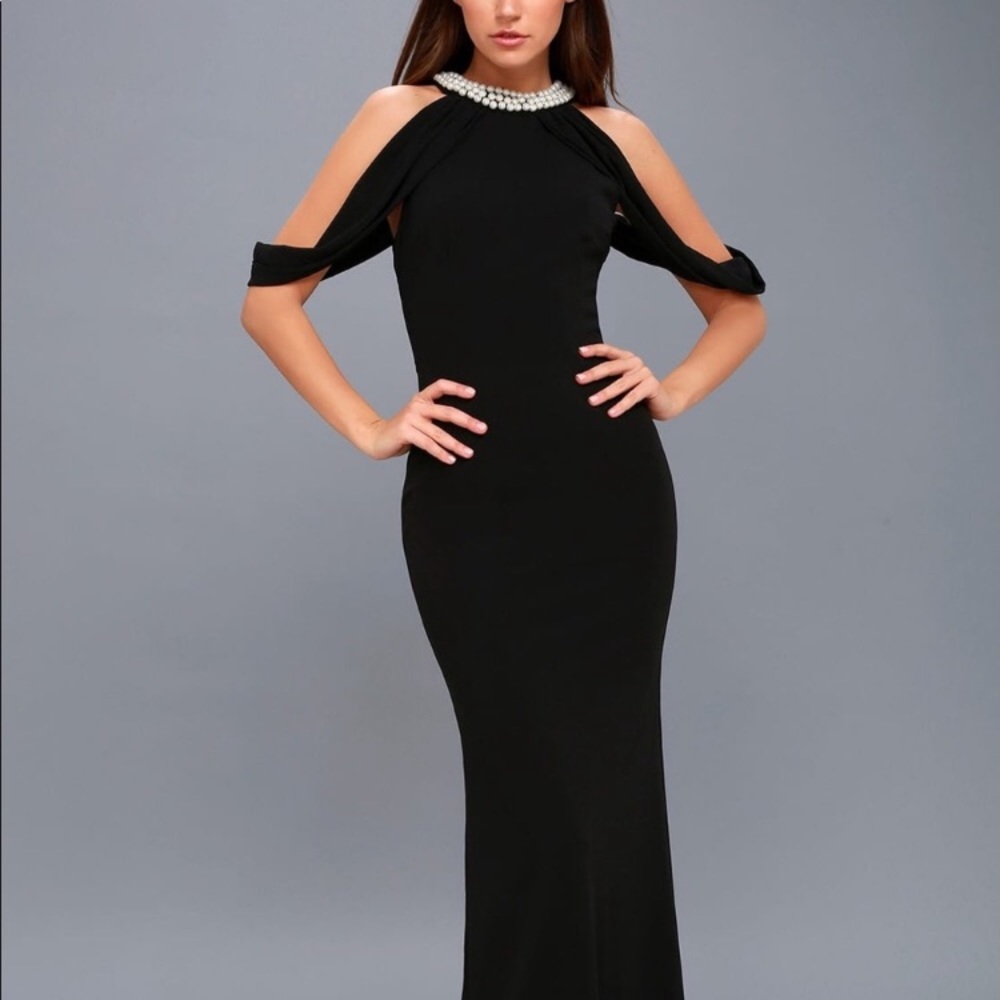 Black full length prom dress with pearl neckline